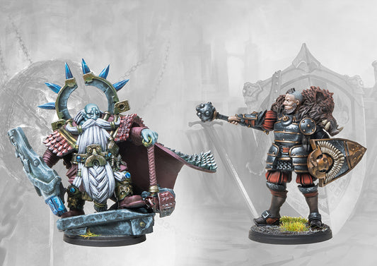 The two exclusive painted miniatures from the Conquest: Crucible of Wills campaign pack, featuring the Dweghom character Sebak and the Nord character Thegn.