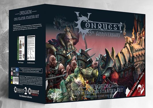 Box art for the Conquest Dweghom 5th Anniversary One Player Starter Set, featuring Hold Ballistae, Hold Thanes, and Tempered Sorcerer miniatures (39 models total).