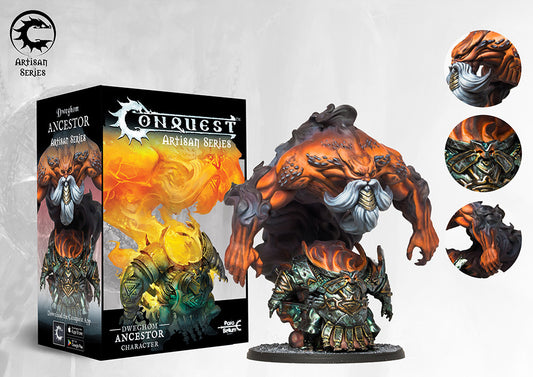 Box art and painted miniature display for the Conquest Dweghom Ancestor Artisan Series, featuring the elemental fire spirit emerging from the heavily armored dwarf body.
