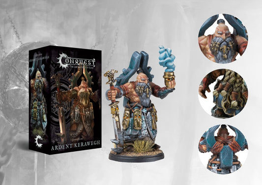 Box art and painted model display for the Conquest Dweghom Ardent Kerawegh Character, the elemental War-Priest wielding a giant sword and fire magic.