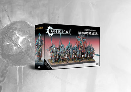 Box art for the Conquest Dweghom Dragonslayers Regiment Expansion Set (Dual Kit), featuring the heavily armored elite anti-monster infantry.