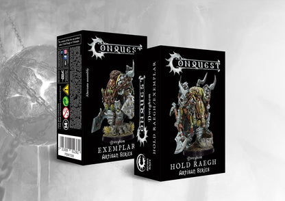 Box art for the Conquest Dweghom Exemplar / Hold Raegh Artisan Series Character, featuring a heavily armored dwarf commander with a large braided beard.
