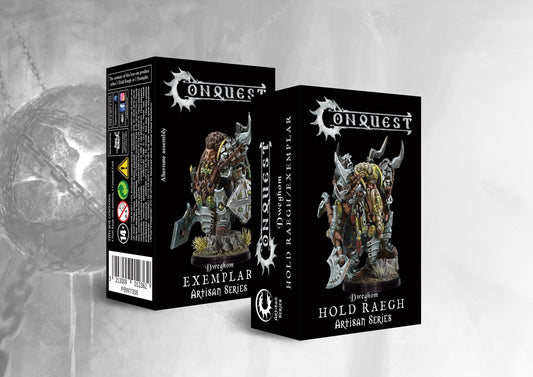 Box art for the Conquest Dweghom Exemplar / Hold Raegh Artisan Series Character, featuring a heavily armored dwarf commander with a large braided beard.