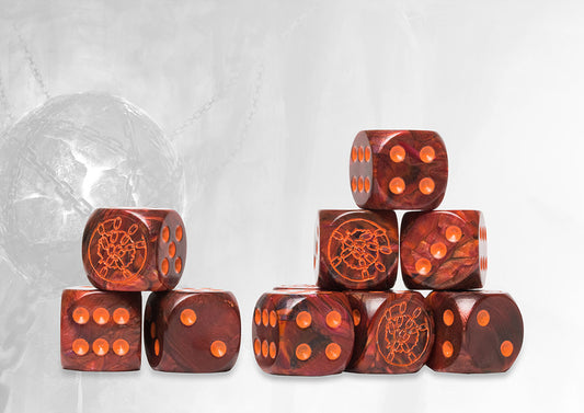 Package of 24 Conquest Dweghom Faction Dice, featuring a unique red/orange marbled resin and the Dweghom symbol replacing the '1' face.