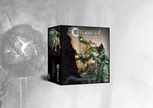 Box art for the Conquest Dweghom Fireforged Regiment Expansion Set, featuring heavily armored support infantry with devastating projectile launchers.