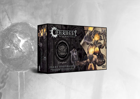 Box art for the Conquest Dweghom Flame Berserkers Regiment Expansion Set, featuring fire-wreathed berserkers ready for combat.