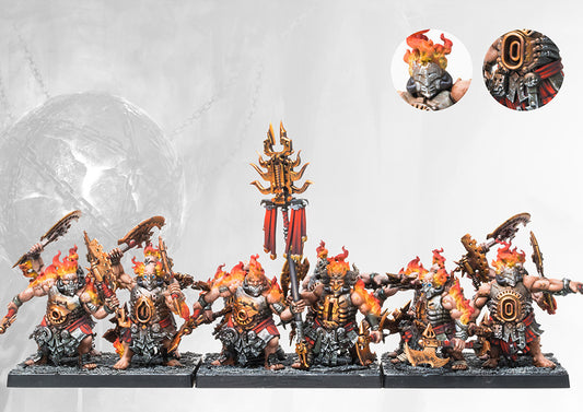 A fully painted Dweghom Flame Berserkers regiment, showcasing the fire-wreathed berserkers and the unique elemental command banner.