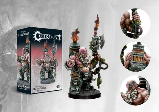Box art and painted model display for the Conquest Dweghom Flamecaster Officer, a character miniature wielding a heavy flamer weapon and fire effects.
