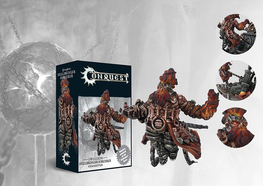 Box art and painted model display for the Conquest Dweghom Hellbringer Sorcerer, featuring a dwarf character wreathed in elemental fire and heavy armor.