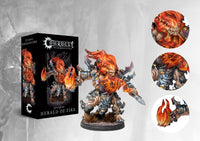 Box art and painted model display for the Conquest Dweghom Herald of Fire Character, a dwarf engulfed in elemental flames and wielding a cruel axe.