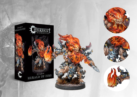Box art and painted model display for the Conquest Dweghom Herald of Fire Character, a dwarf engulfed in elemental flames and wielding a cruel axe.