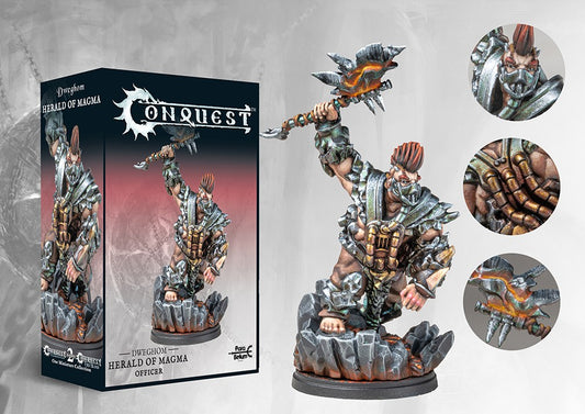 Box art and painted model display for the Conquest Dweghom Herald of Magma Officer, a heavily armored dwarf character wielding a large flaming maul.