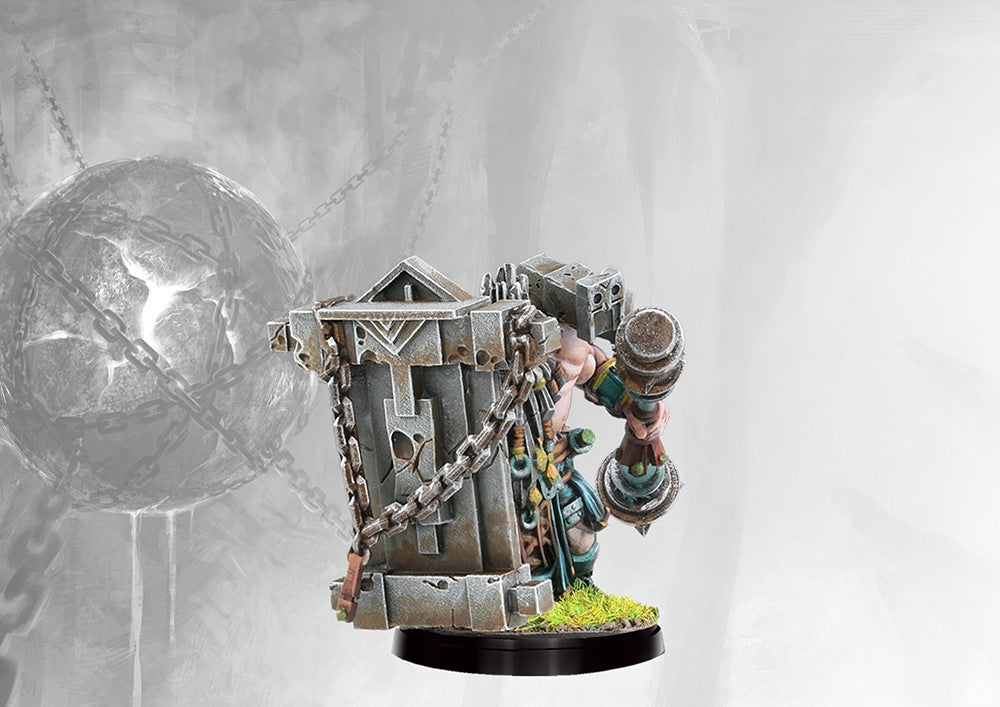 Fully painted Dweghom Herald of Stone miniature, showcasing the massive stone cage/shield used by the character for defensive support and elemental power.