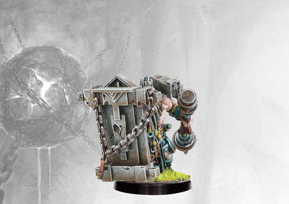 Fully painted Dweghom Herald of Stone miniature, showcasing the massive stone cage/shield used by the character for defensive support and elemental power.