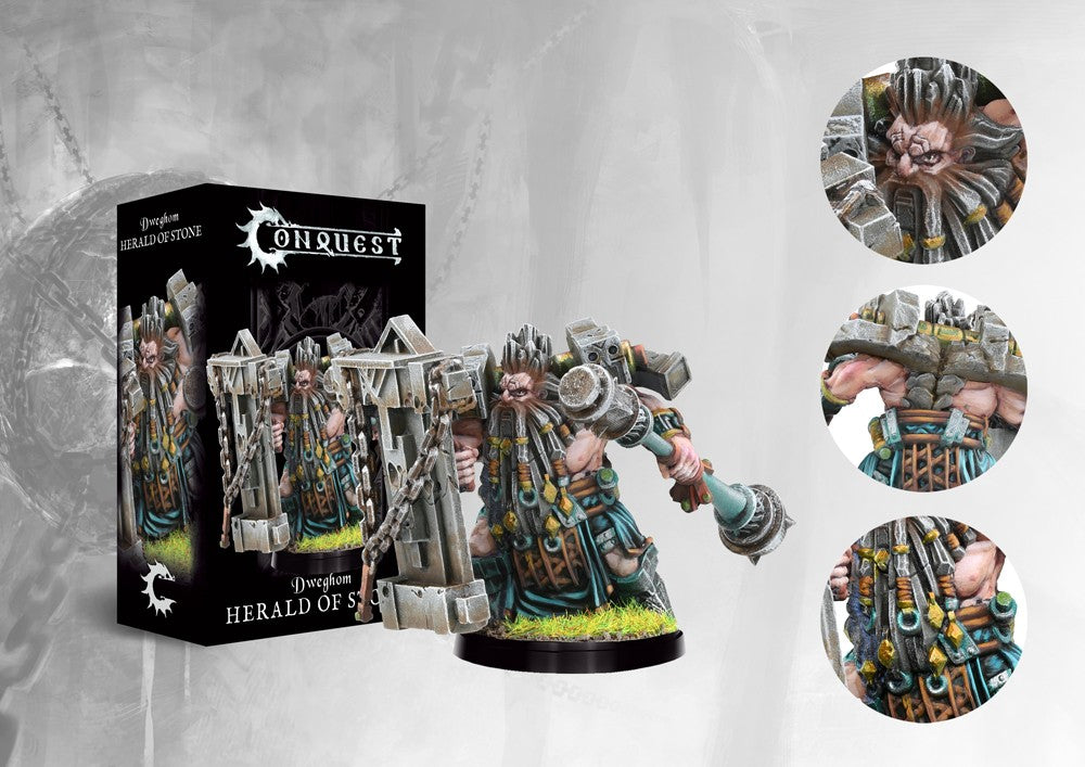 Box art and painted model display for the Conquest Dweghom Herald of Stone Character, featuring the dwarf officer with heavy armor and a massive stone shield/hammer.