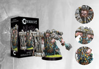 Box art and painted model display for the Conquest Dweghom Herald of Stone Character, featuring the dwarf officer with heavy armor and a massive stone shield/hammer.