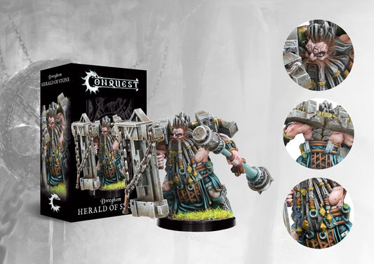 Box art and painted model display for the Conquest Dweghom Herald of Stone Character, featuring the dwarf officer with heavy armor and a massive stone shield/hammer.