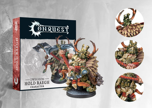 Box art and painted model display for the Conquest Dweghom Hold Raegh Character, the fierce infantry commander clad in tribal armor with large horns.