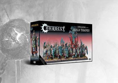 Box art for the Conquest Dweghom Hold Thanes Regiment Expansion Set (Dual Kit), featuring the heavily armored infantry unit (can also build Dragonslayers).