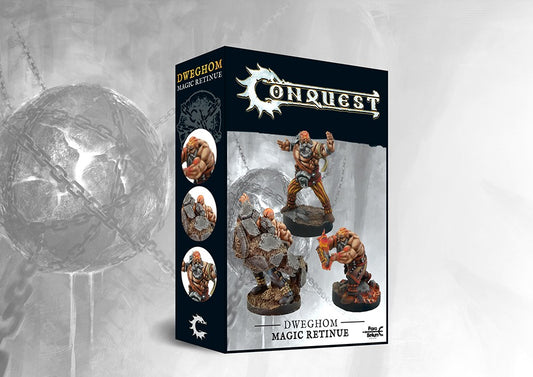 Box art and painted models for the Conquest Dweghom Magic Retinue, featuring Elemental Acolytes (with fire effects and stone armor) for supporting Dweghom casters.