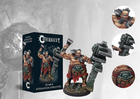 Box art and painted model display for the Conquest Dweghom Mnemancer Apprentice, a dwarf character with a large hammer and stone structure.