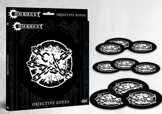 Set of 9 ultra-thin objective zone markers for Conquest, featuring the Dweghom faction logo (crossed hammers in chains) on black polypropylene, ideal for setting up game objectives.