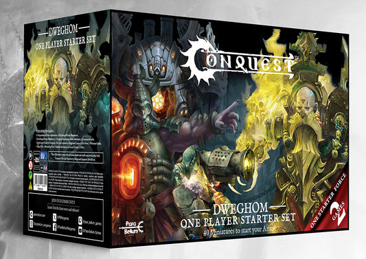 Box art for the Conquest Dweghom One Player Starter Set (40 miniatures), a complete force for starting First Blood and The Last Argument of Kings.