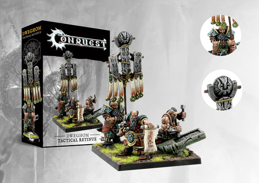 Box art and painted model display for the Conquest Dweghom Tactical Retinue, featuring command upgrade models, including the Standard Bearer and Chronicler.