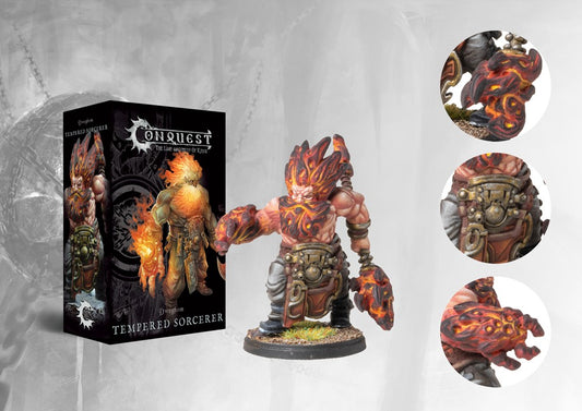 Box art and painted model display for the Conquest Dweghom Tempered Sorcerer Character, a highly detailed elemental magic user miniature.