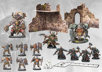 Contents for the Conquest Dweghom Warband 2026 First Blood New Edition containing plastic miniatures dice and 3D terrain.