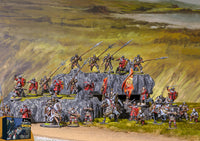 Hundred Kingdoms miniatures including Eleanor of Aquilea, Gilded Legion, Crossbowmen, and Men at Arms displayed on tactical bases.