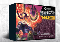 Front box art packaging for the Conquest: First Blood Clash! Warbands of Legend Sorcerer Kings army set.