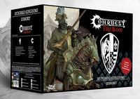  The box art for the Conquest: First Blood starter set, the Hundred Kingdoms Cohort, featuring a heavily armored knight on a barded warhorse.