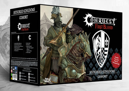  The box art for the Conquest: First Blood starter set, the Hundred Kingdoms Cohort, featuring a heavily armored knight on a barded warhorse.