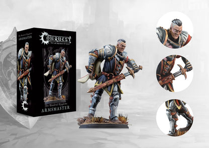  The product box for the Conquest Hundred Kingdoms Armsmaster, shown next to the painted miniature of the veteran warrior and close-up detail shots.
