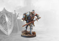 A studio-painted miniature of the Conquest Hundred Kingdoms Armsmaster, a scarred veteran warrior in plate armor drawing his greatsword.