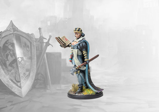 A professionally painted 35mm scale Chapter Mage miniature for the Hundred Kingdoms faction, holding an open grimoire and an ornate staff.