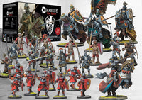 All the painted miniatures from the Conquest: First Blood Hundred Kingdoms Cohort starter set, including Household Knights, Men-at-Arms, and Mercenary Crossbowmen.