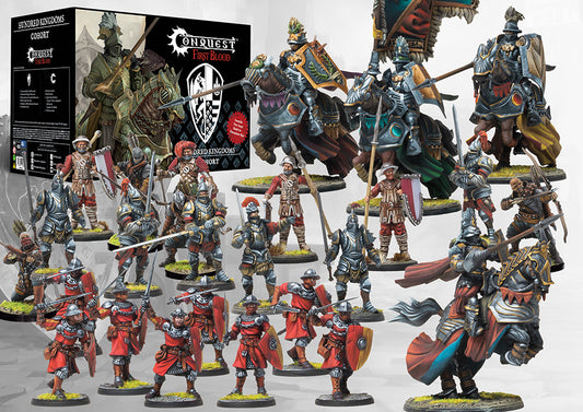 All the painted miniatures from the Conquest: First Blood Hundred Kingdoms Cohort starter set, including Household Knights, Men-at-Arms, and Mercenary Crossbowmen.