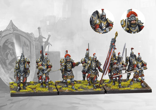 A full, studio-painted regiment of twelve Conquest Hundred Kingdoms Steel Legion miniatures on movement trays, with close-up inset images of two soldiers.