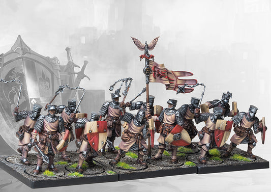 A full, studio-painted regiment of twelve Conquest Hundred Kingdoms Crusaders miniatures on a movement tray, armed with devastating flails.