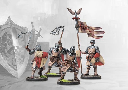 Four painted miniatures from the Conquest Hundred Kingdoms Crusaders command group, including a standard bearer and troopers with flails and shields.