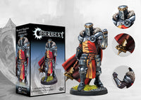 The product box for the Conquest Hundred Kingdoms Crusading Noble Lord, shown next to the painted miniature and close-up detail shots of the armor and mace.