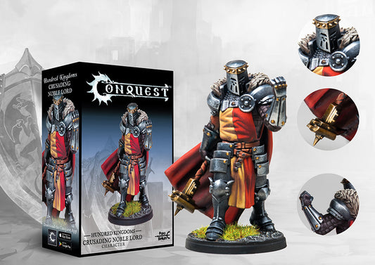 The product box for the Conquest Hundred Kingdoms Crusading Noble Lord, shown next to the painted miniature and close-up detail shots of the armor and mace.