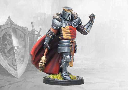  A studio-painted miniature of the Conquest Crusading Noble Lord, a heavily armored character in a great helm holding a golden mace.
