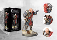 The product box for the Conquest Hundred Kingdoms Drillmaster, shown next to the painted miniature of the commanding officer and close-up detail shots.