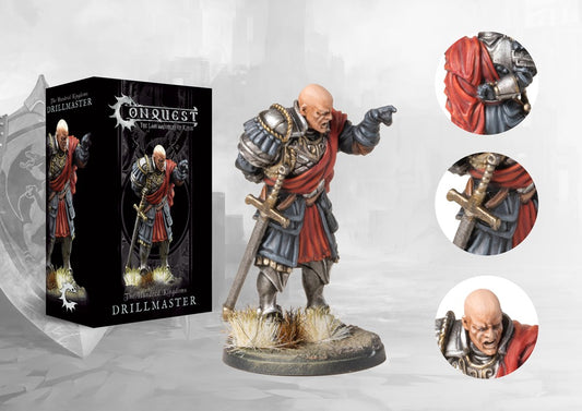 The product box for the Conquest Hundred Kingdoms Drillmaster, shown next to the painted miniature of the commanding officer and close-up detail shots.
