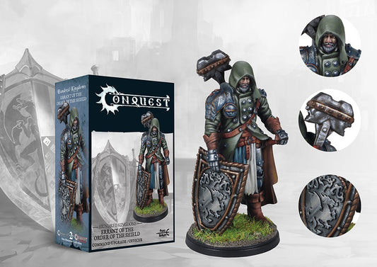  The product box for the Conquest Hundred Kingdoms Errant of the Order of the Shield, shown next to the painted miniature and close-up detail shots.