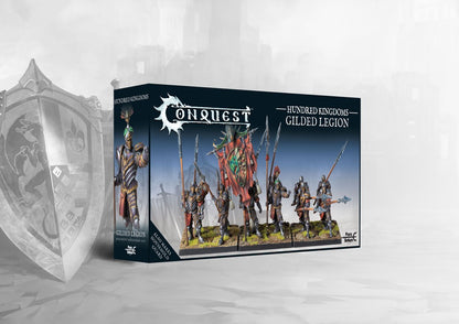 The product box for the Conquest Hundred Kingdoms Gilded Legion, showing a unit of painted heavy infantry with polearms on the front.