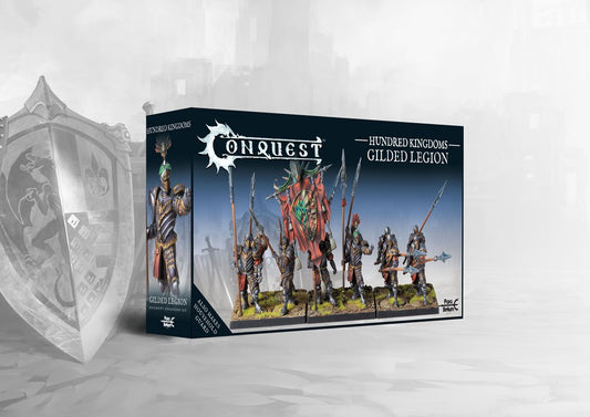 The product box for the Conquest Hundred Kingdoms Gilded Legion, showing a unit of painted heavy infantry with polearms on the front.